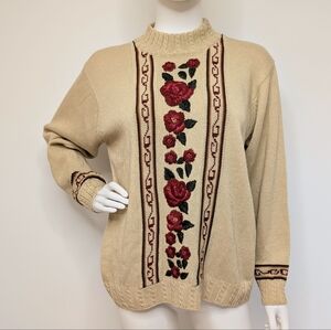 80s Vintage Tan Mock Neck Sweater With Burgundy Floral Embroidery Wool Blend